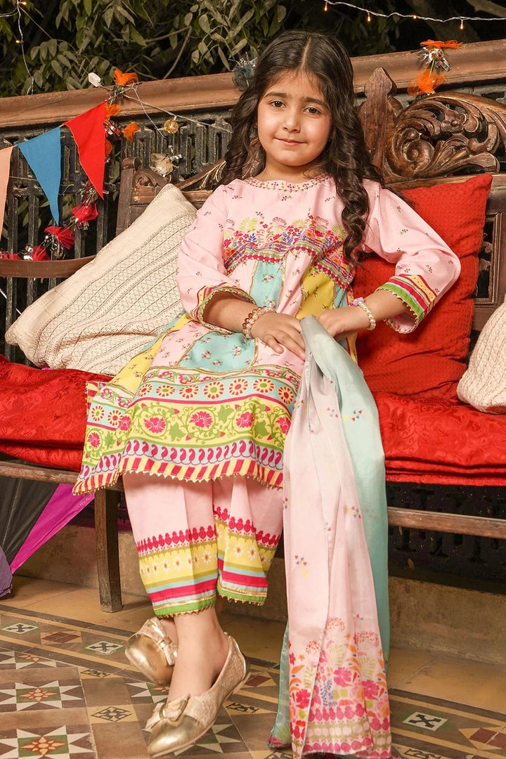 Ochre Girls RTW Poly 3 Piece Suit Light Pink Poly Lawn Digital Printed Kurta with Gota Laces - Festive Collection
