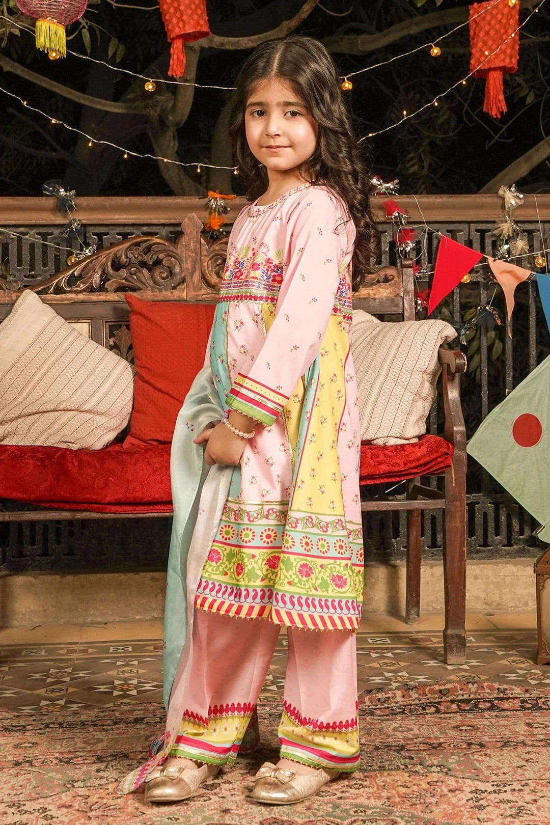 Ochre Girls RTW Poly 3 Piece Suit Light Pink Poly Lawn Digital Printed Kurta with Gota Laces - Festive Collection