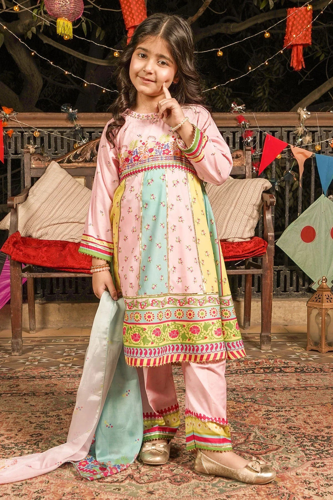 Ochre Girls RTW Poly 3 Piece Suit Light Pink Poly Lawn Digital Printed Kurta with Gota Laces - Festive Collection
