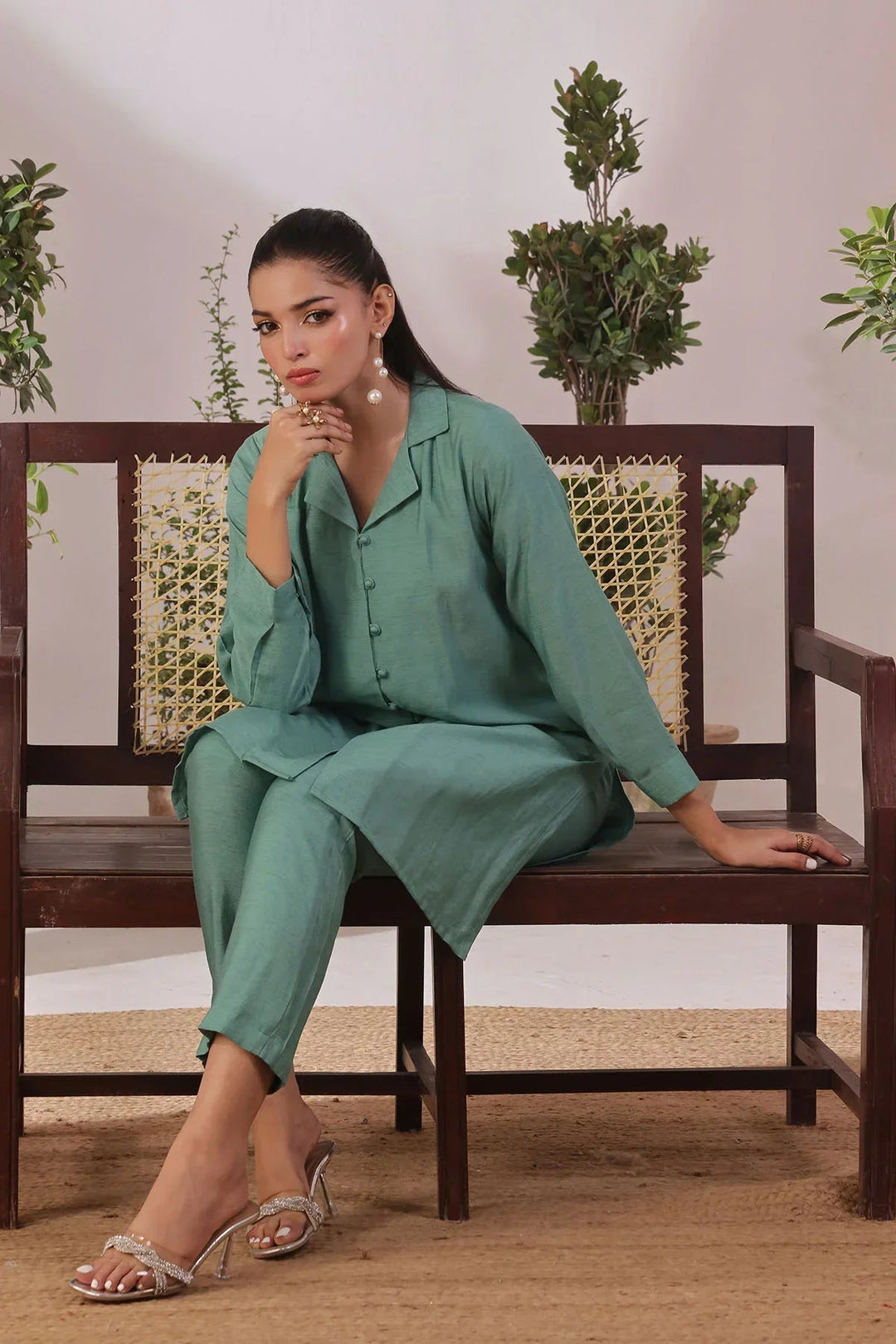 Ochre Women RTW Cotton 2 Piece Suit Green Slub Cotton - Festive Collection