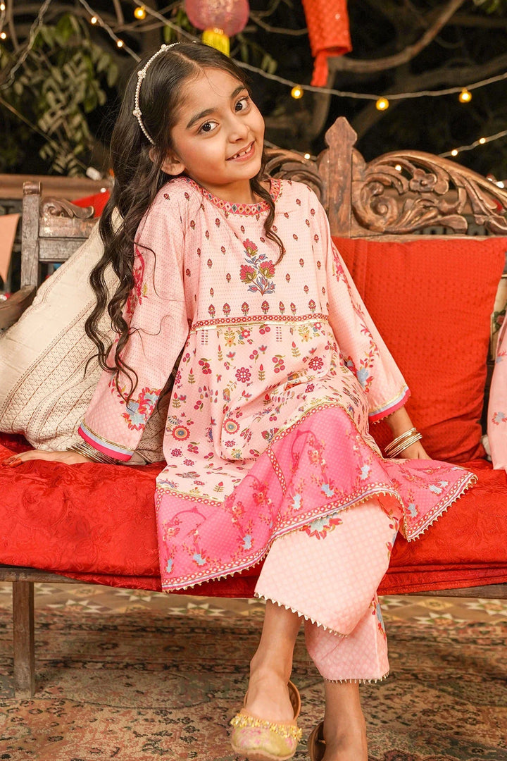 Ochre Girls RTW Poly 3 Piece Suit Peach Poly Lawn Digital Printed Kurta with Gota Laces - Festive Collection