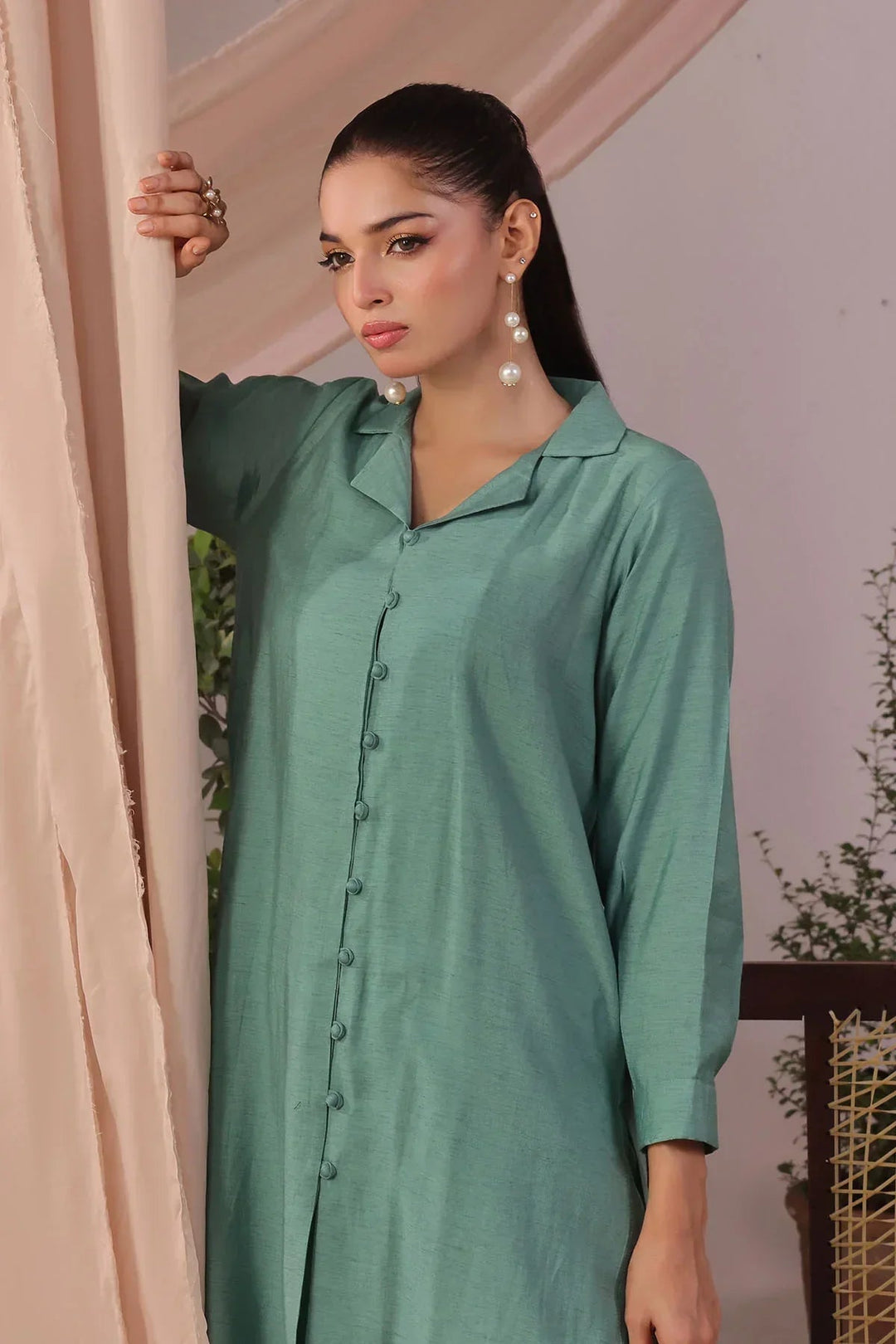 Ochre Women RTW Cotton 2 Piece Suit Green Slub Cotton - Festive Collection