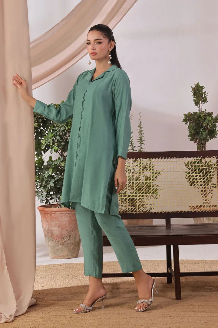 Ochre Women RTW Cotton 2 Piece Suit Green Slub Cotton - Festive Collection