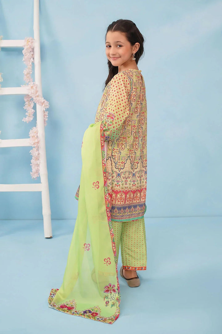 Ochre Girls RTW Poly 3 Piece Suit Beige Poly Lawn Digital Printed Kurta with Gota Laces - Festive Collection