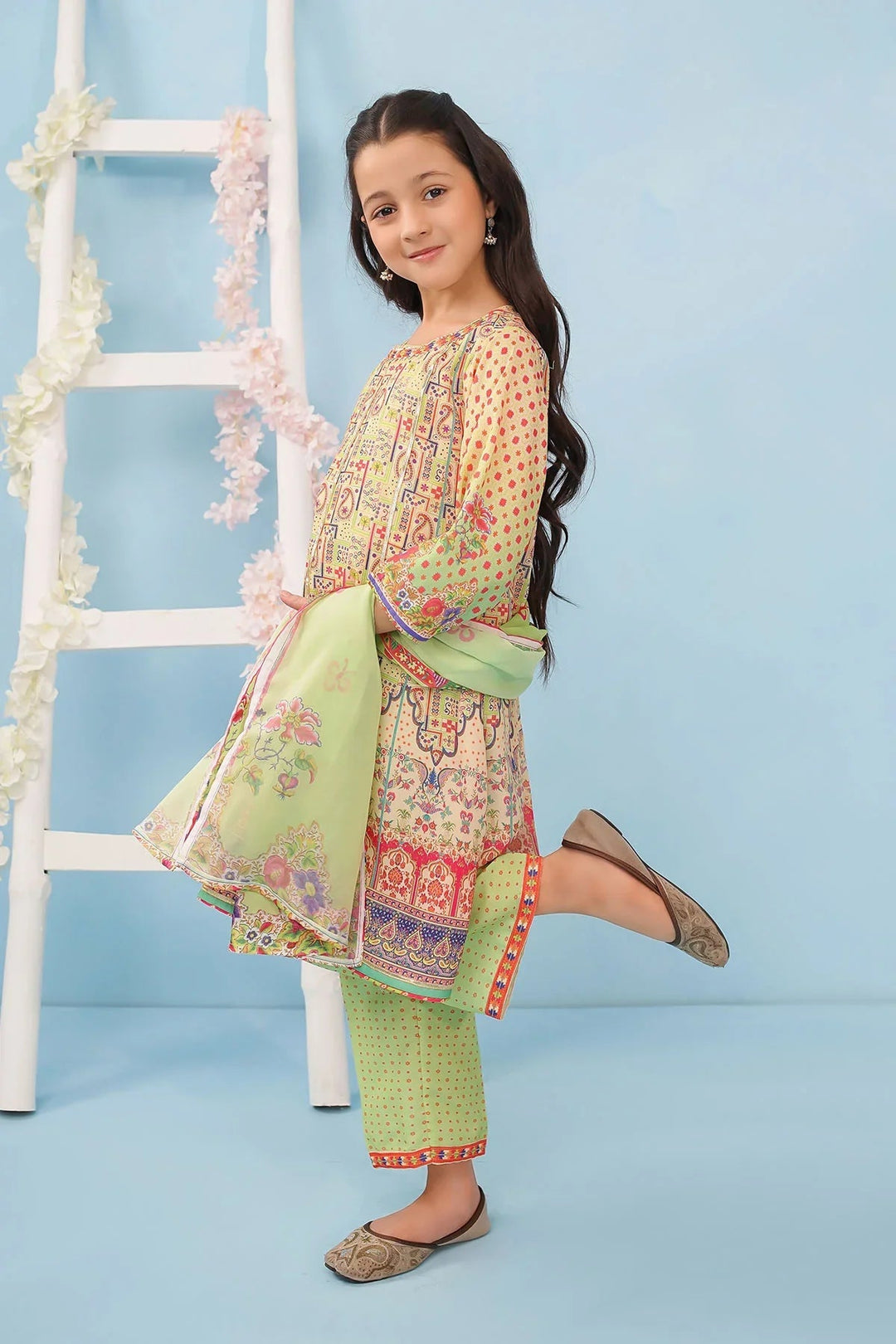 Ochre Girls RTW Poly 3 Piece Suit Beige Poly Lawn Digital Printed Kurta with Gota Laces - Festive Collection