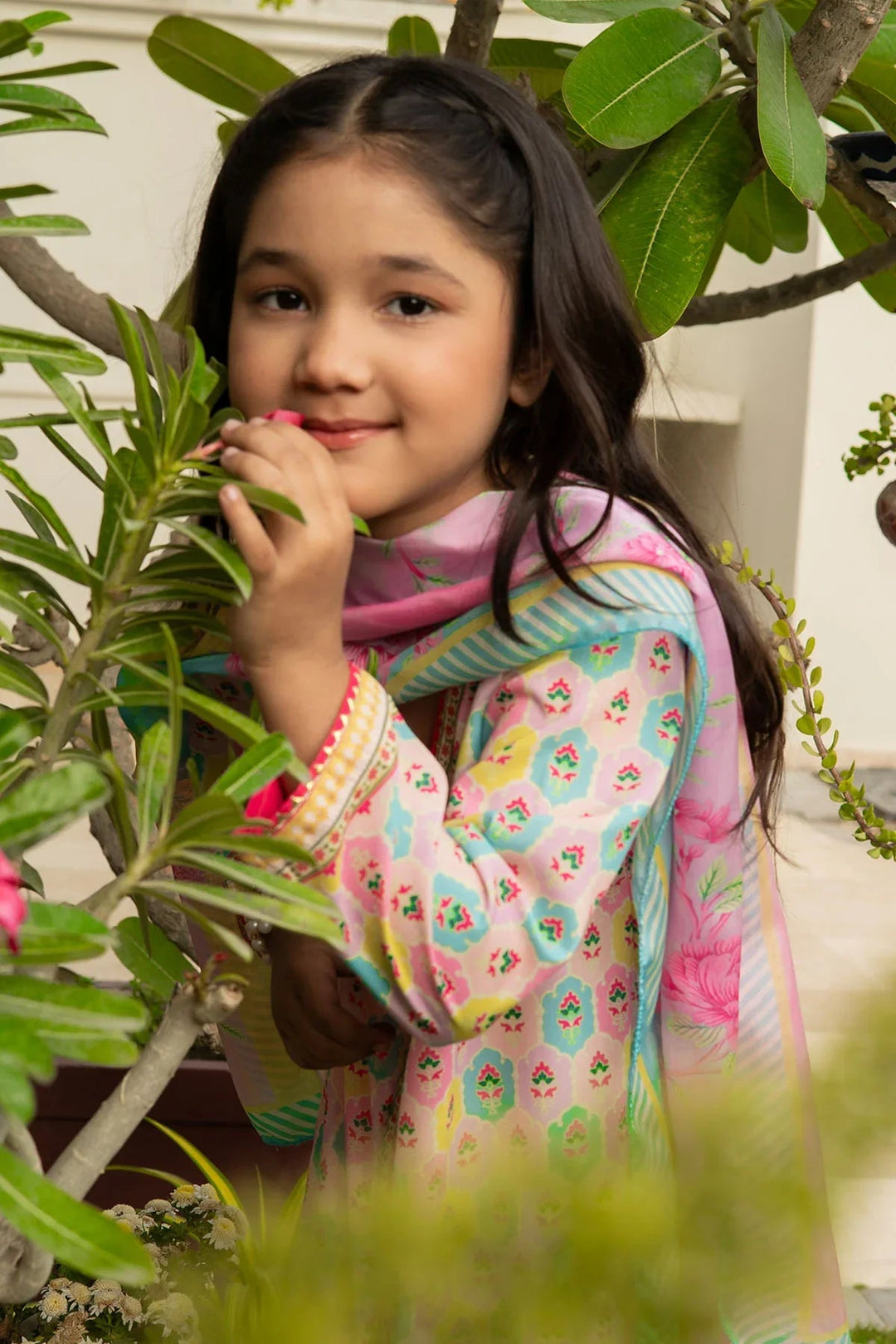Ochre Girls RTW Poly 3 Piece Suit Peach Poly Lawn Digital Printed Kurta - Festive Collection