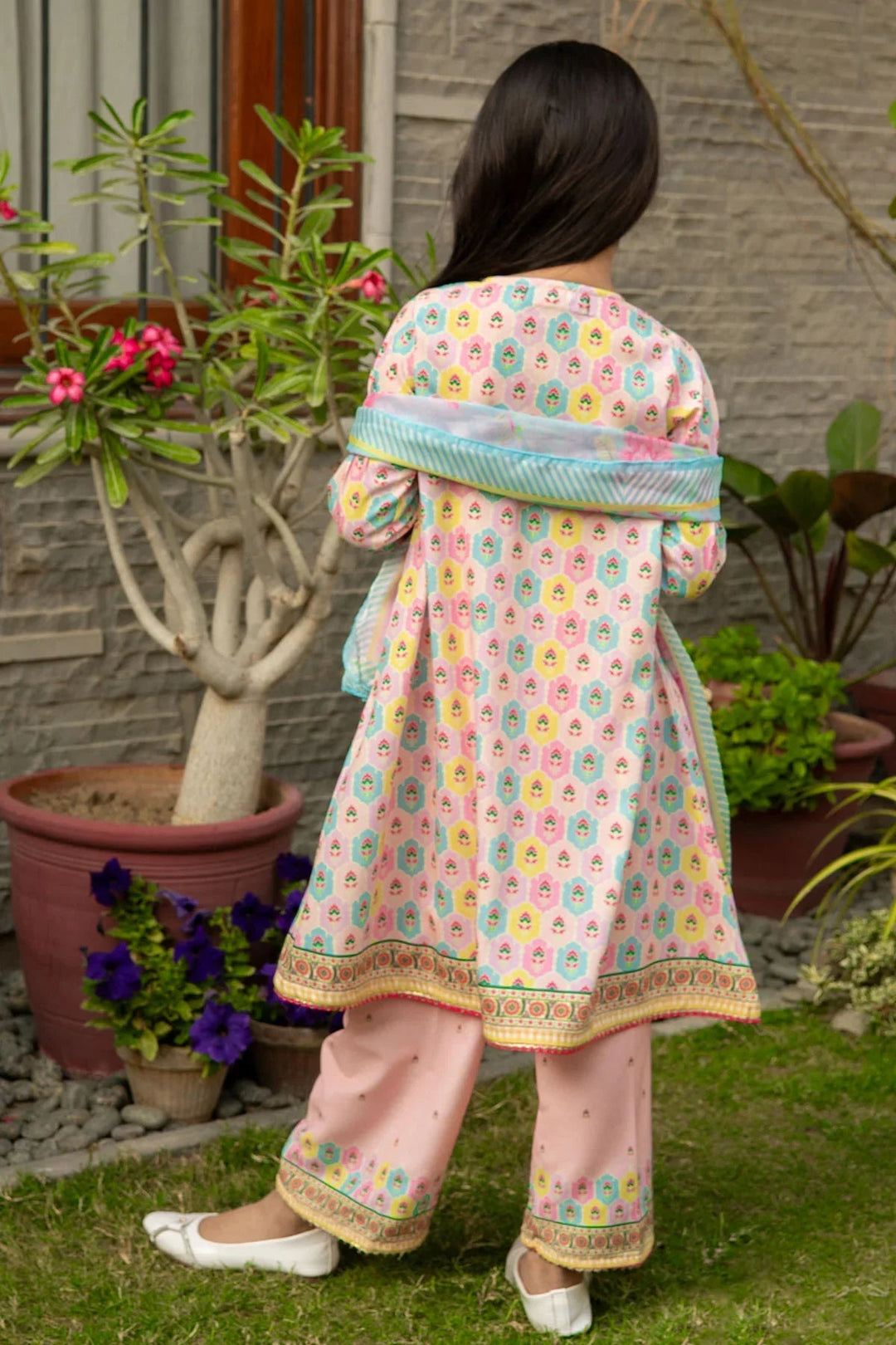 Ochre Girls RTW Poly 3 Piece Suit Peach Poly Lawn Digital Printed Kurta - Festive Collection