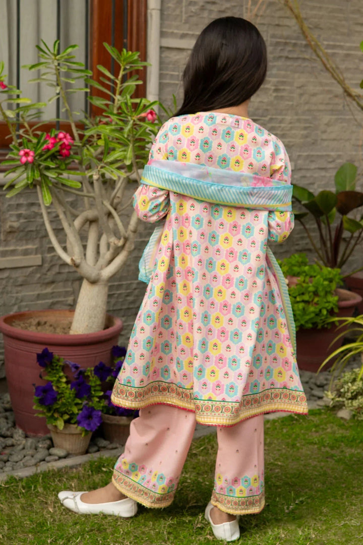 Ochre Girls RTW Poly 3 Piece Suit Peach Poly Lawn Digital Printed Kurta - Festive Collection
