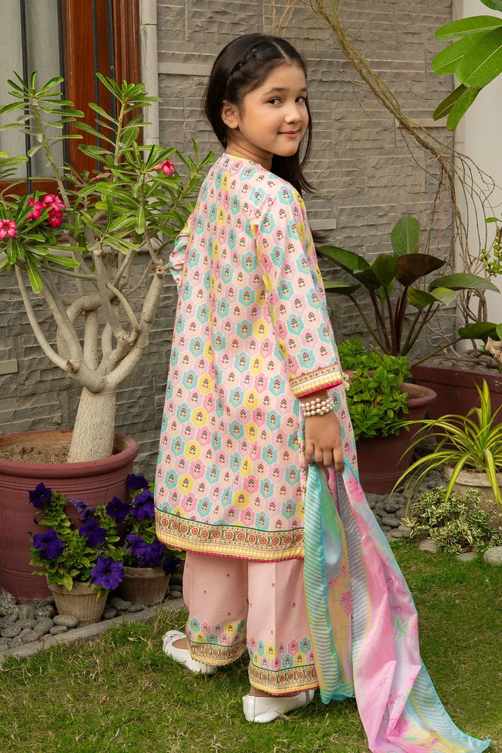 Ochre Girls RTW Poly 3 Piece Suit Peach Poly Lawn Digital Printed Kurta - Festive Collection