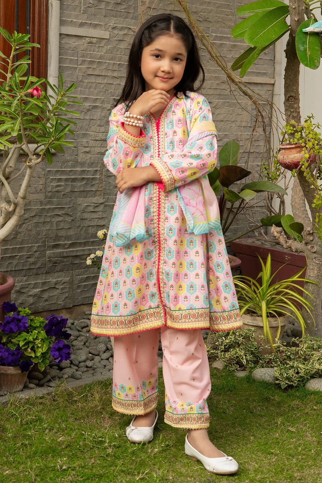 Ochre Girls RTW Poly 3 Piece Suit Peach Poly Lawn Digital Printed Kurta - Festive Collection