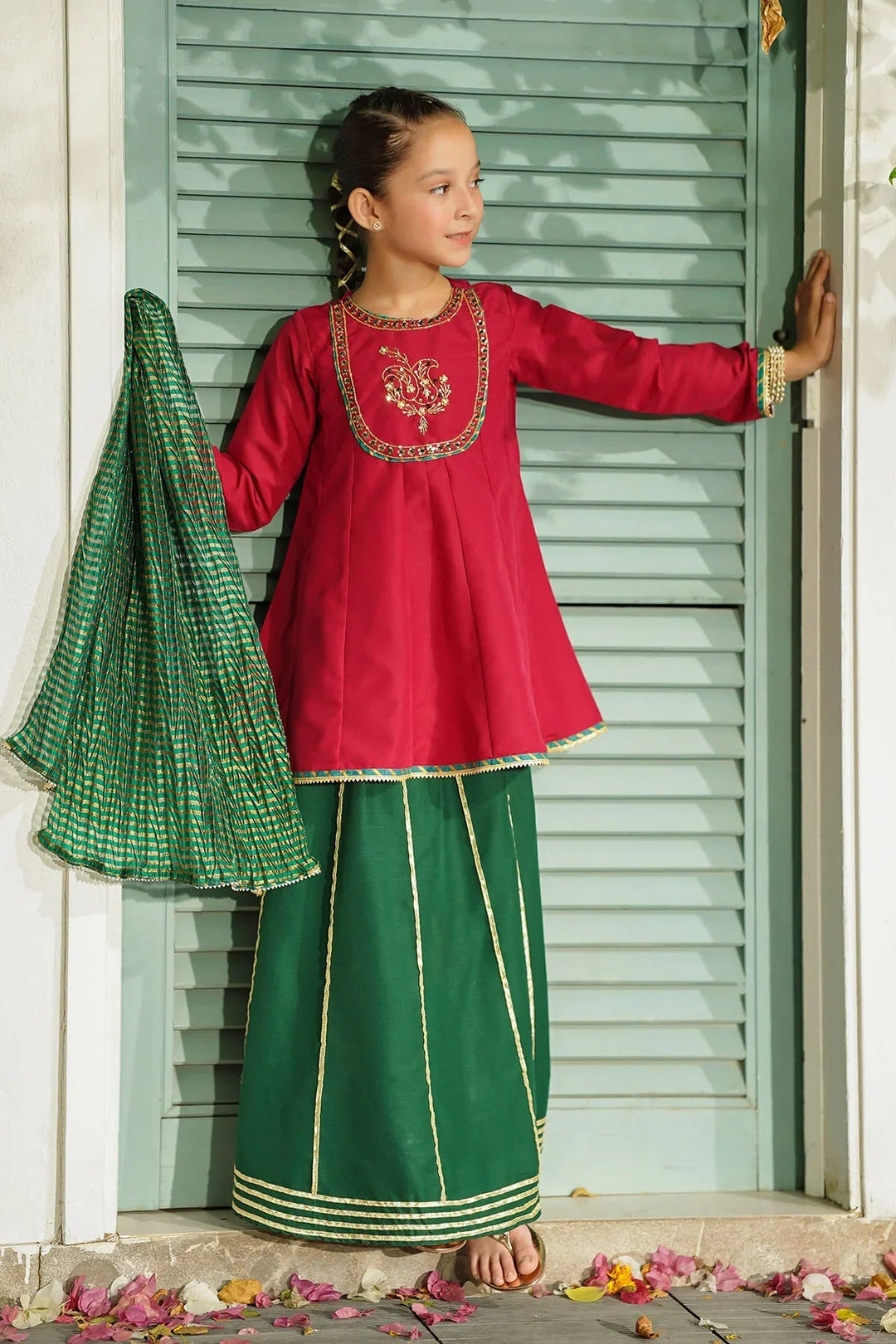 Ochre RTW Embroidered Girls 3 Piece Silk Hand Adda Work INMHD-06 - Winter Collection