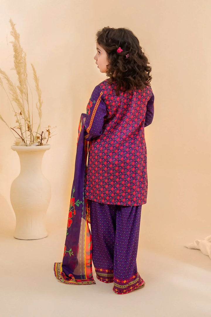Ochre Girls RTW Poly 3 Piece Suit Purple Poly Lawn Digital Printed Kurta with Gota Laces - Festive Collection