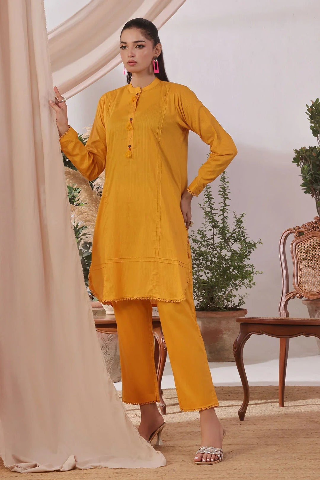 Ochre Women RTW Cotton 2 Piece Suit Mustard Yellow Chambray Cotton - Festive Collection
