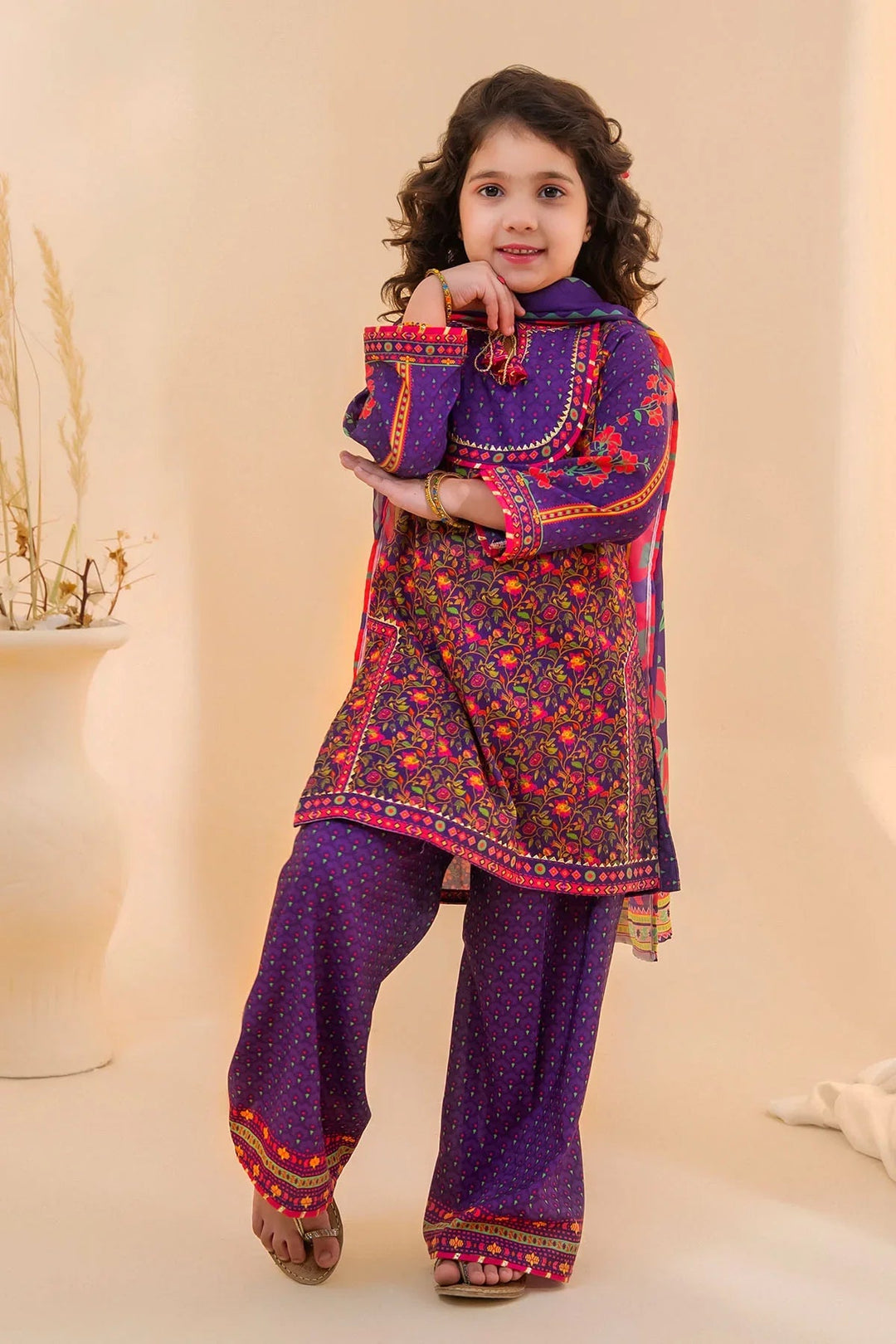 Ochre Girls RTW Poly 3 Piece Suit Purple Poly Lawn Digital Printed Kurta with Gota Laces - Festive Collection