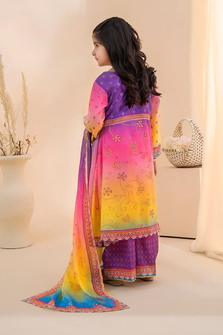 Ochre Girls RTW Poly 3 Piece Suit Purple Pink and Lemon Yellow Tie and Dye Poly Lawn Digital Printed Kurta - Festive Collection