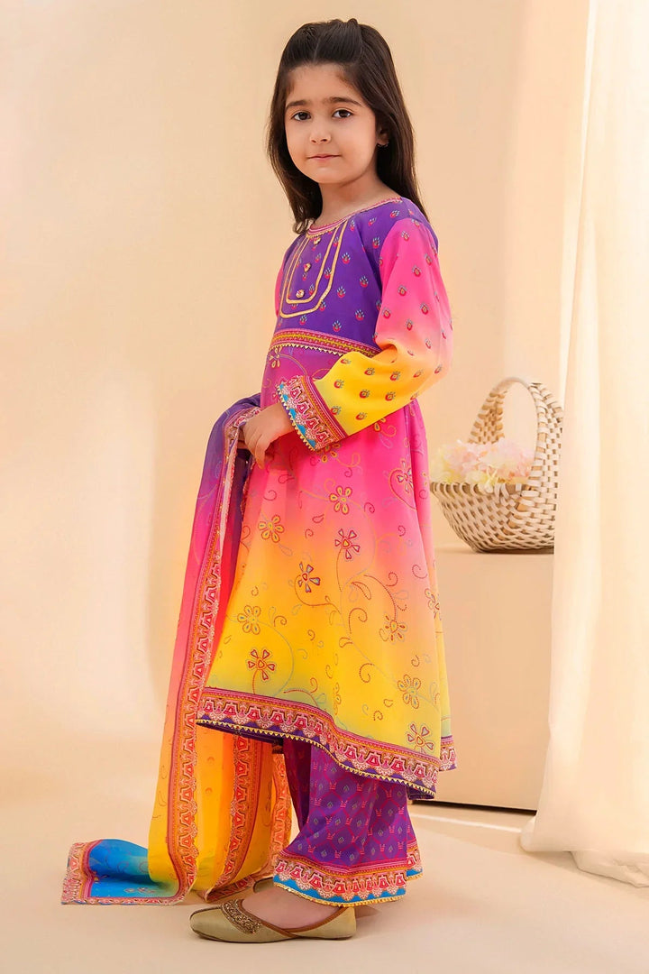 Ochre Girls RTW Poly 3 Piece Suit Purple Pink and Lemon Yellow Tie and Dye Poly Lawn Digital Printed Kurta - Festive Collection