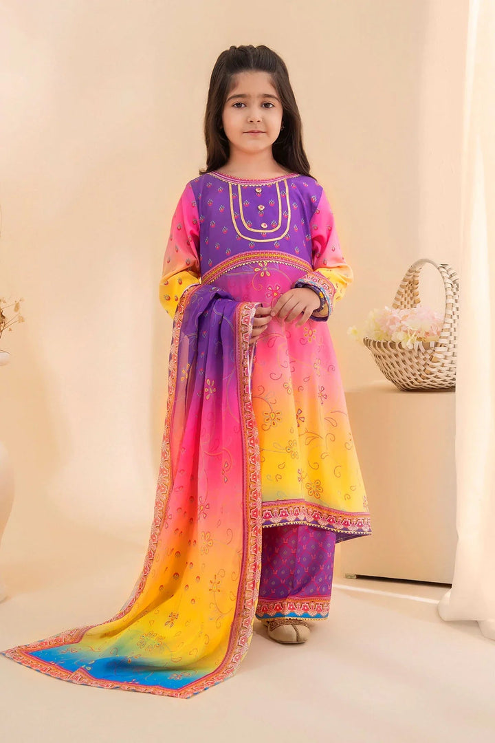 Ochre Girls RTW Poly 3 Piece Suit Purple Pink and Lemon Yellow Tie and Dye Poly Lawn Digital Printed Kurta - Festive Collection