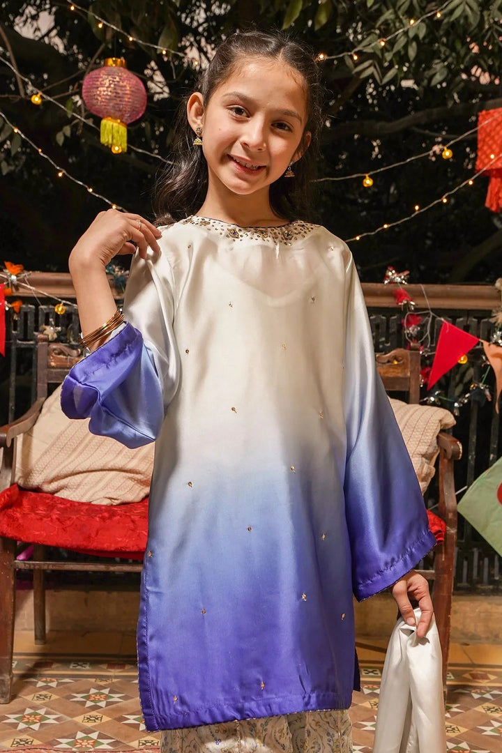 Ochre Girls RTW Silk 3 Piece Suit Off White and Royal Blue Tie &amp; Dye Charmeuse Silk Kurta With Hand Adda Work - Festive Collection