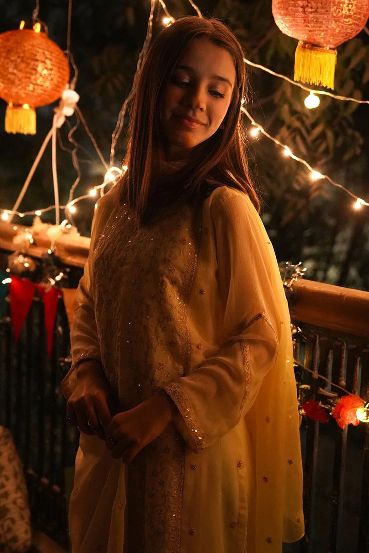 Ochre Girls RTW Chiffon 3 Piece Suit Lemon Yellow Chiffon Kurta With Embroidery and Malai Crepe Lining - Festive Collection