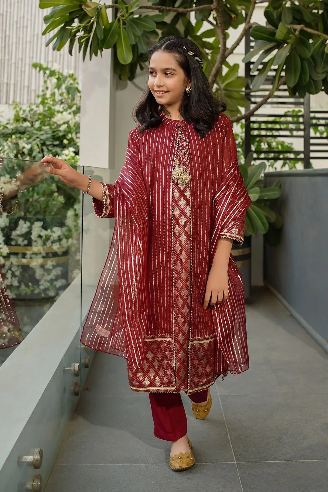 Ochre RTW Embroidered Girls 3 Piece Jacquard Hand Adda Work SHD-12 - Winter Collection