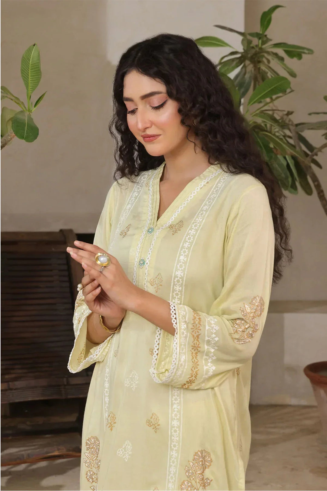 Ochre Women RTW Cotton 2 Piece Suit Lemon Yellow Cotton Printed - Festive Collection