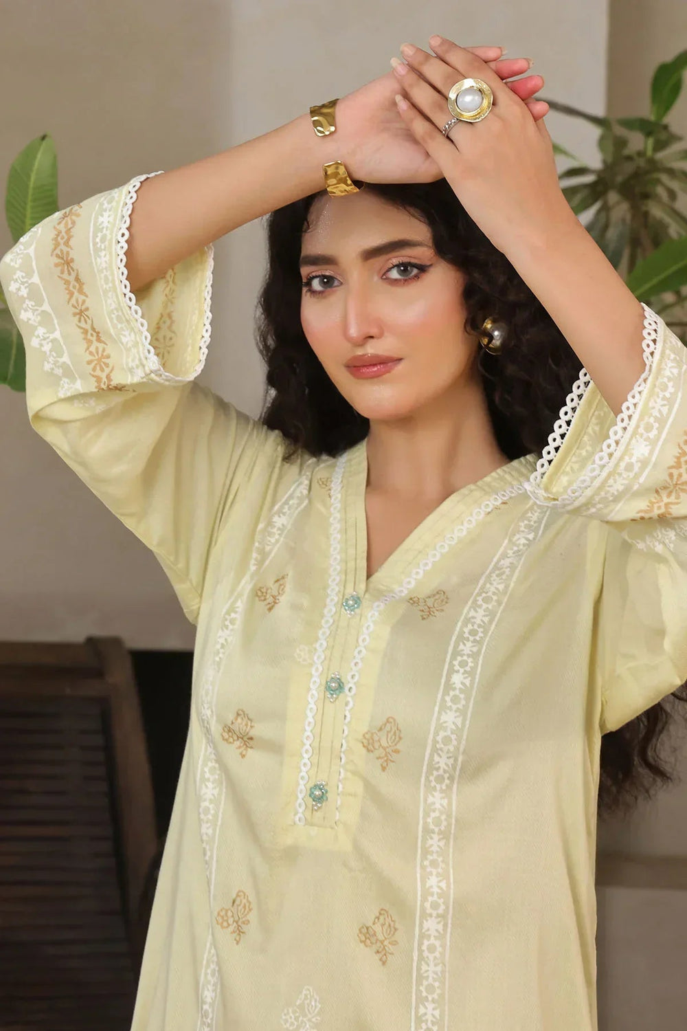 Ochre Women RTW Cotton 2 Piece Suit Lemon Yellow Cotton Printed - Festive Collection