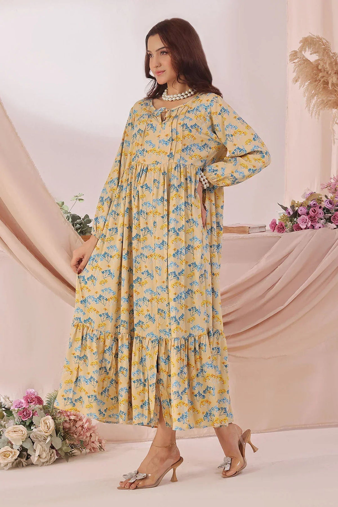 Ochre Women RTW Boski Linen 1 Piece Suit Beige Printed Boski Linen Printed Dress - Festive Collection