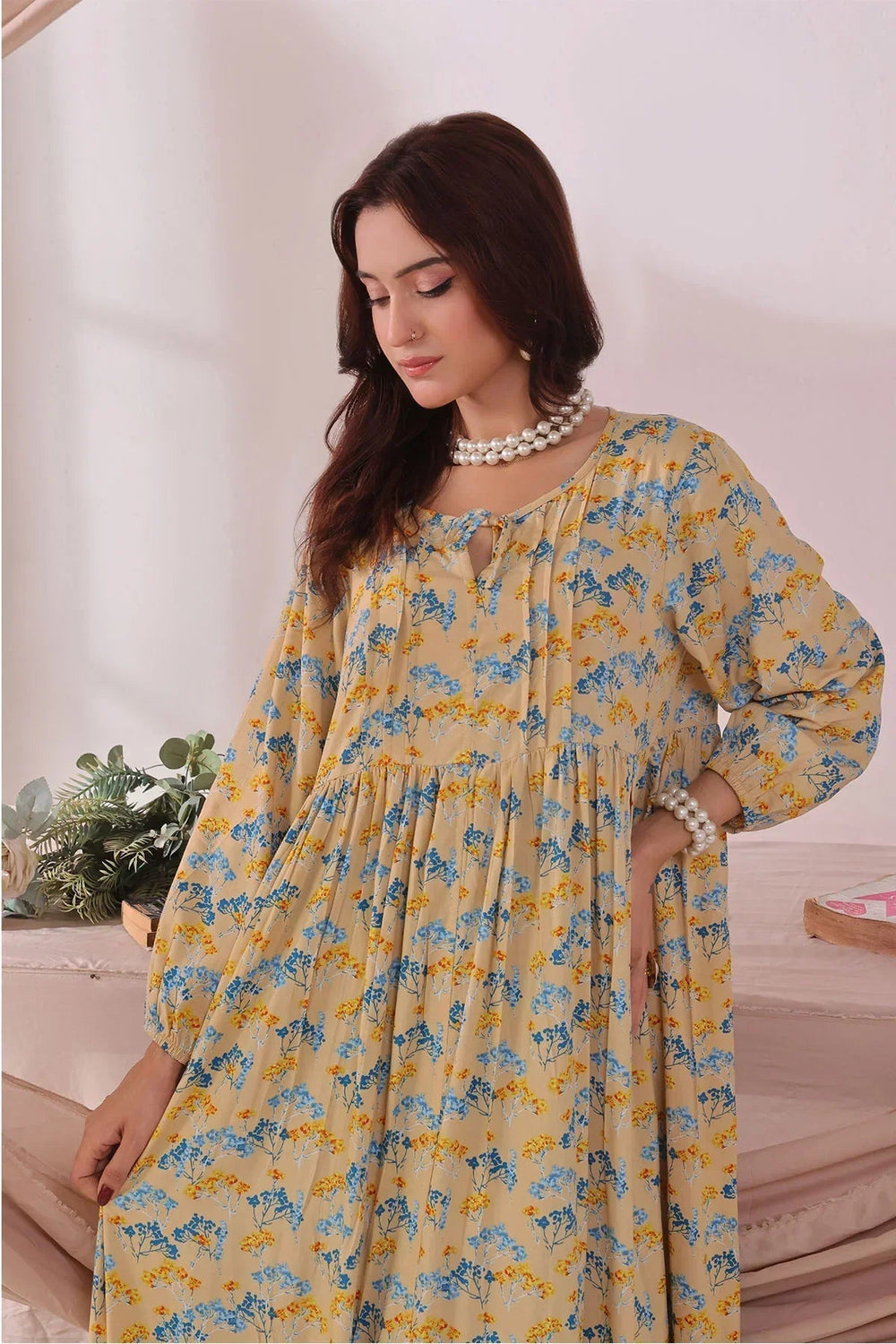 Ochre Women RTW Boski Linen 1 Piece Suit Beige Printed Boski Linen Printed Dress - Festive Collection