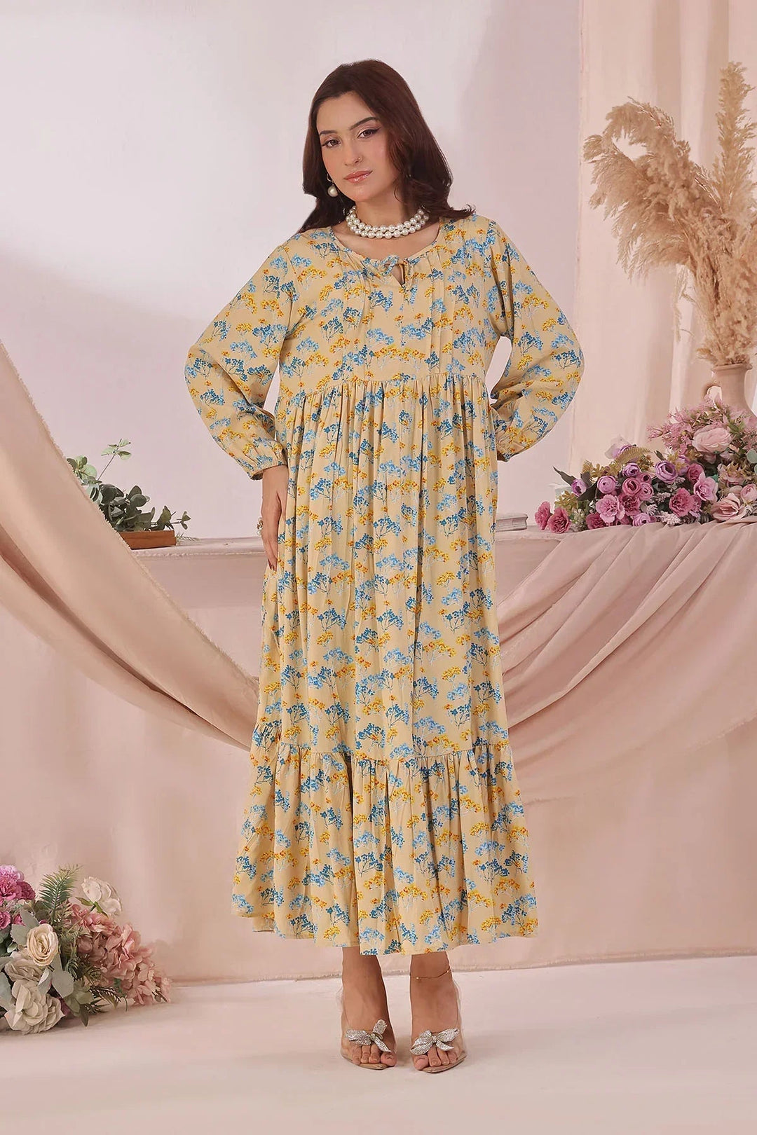 Ochre Women RTW Boski Linen 1 Piece Suit Beige Printed Boski Linen Printed Dress - Festive Collection