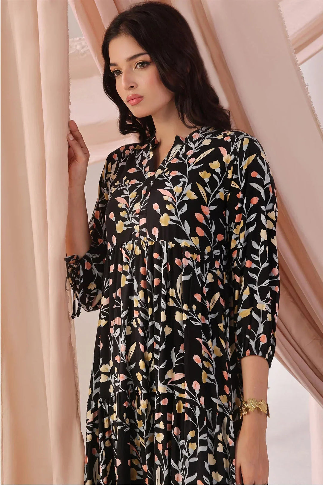 Ochre Women RTW Boski Linen 1 Piece Suit Black Boski Linen Long Printed Dress - Festive Collection