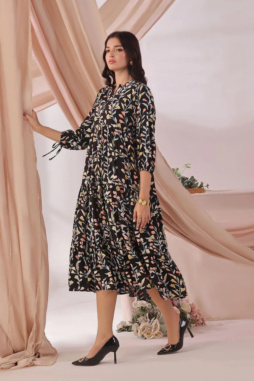 Ochre Women RTW Boski Linen 1 Piece Suit Black Boski Linen Long Printed Dress - Festive Collection