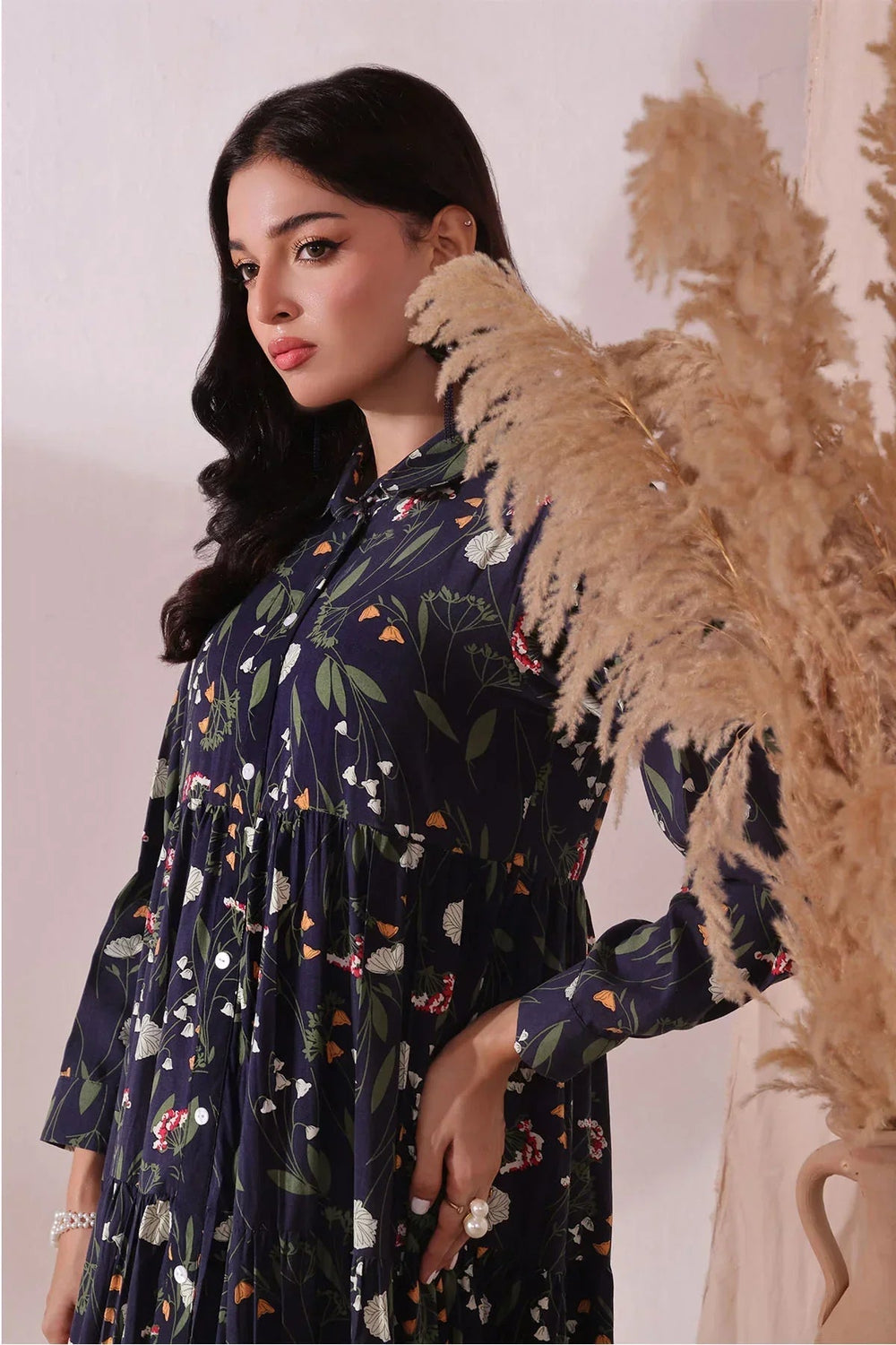 Ochre Women RTW Boski Linen 1 Piece Suit Navy Blue Boski Linen Printed Dress - Festive Collection
