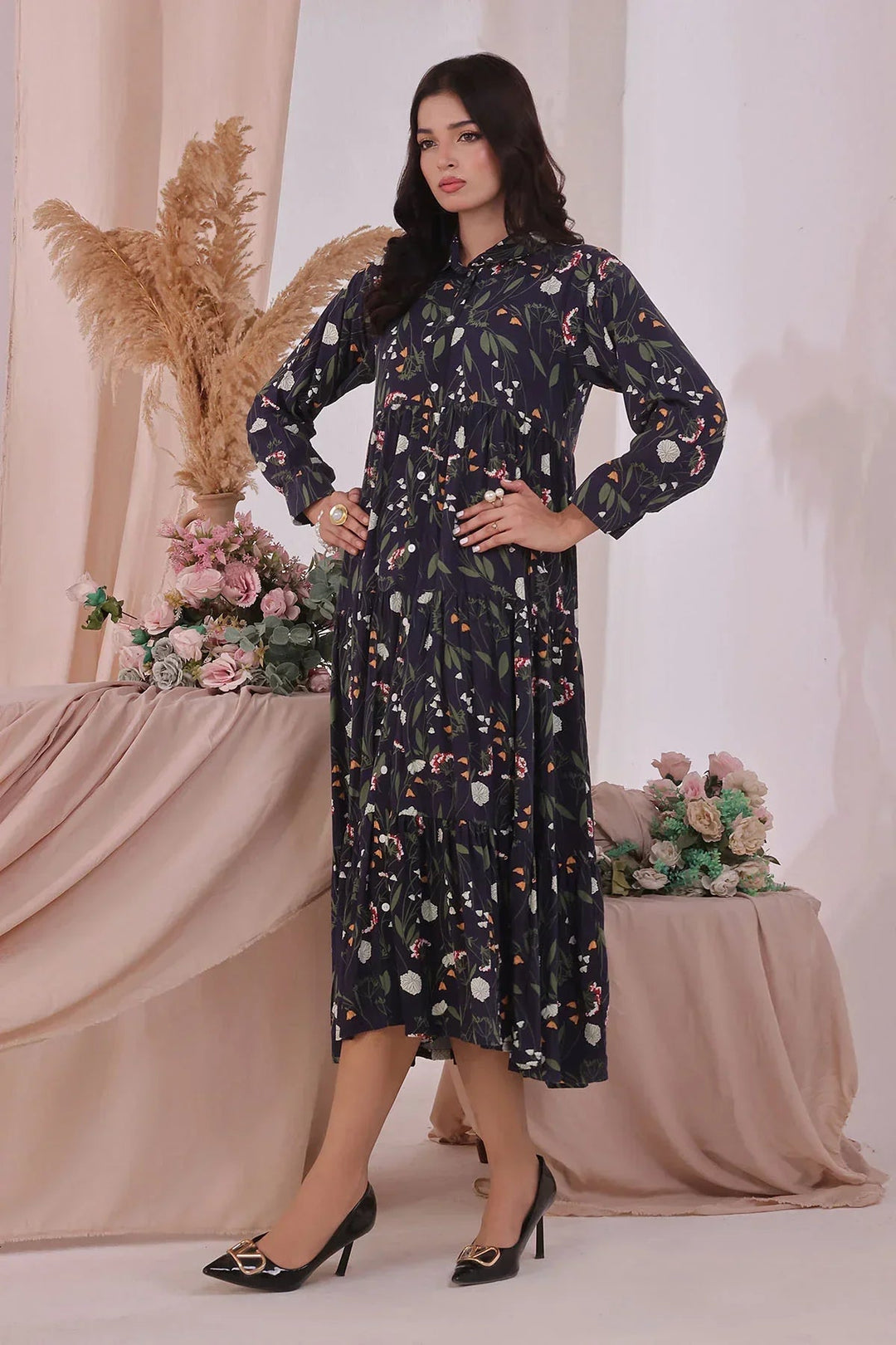 Ochre Women RTW Boski Linen 1 Piece Suit Navy Blue Boski Linen Printed Dress - Festive Collection