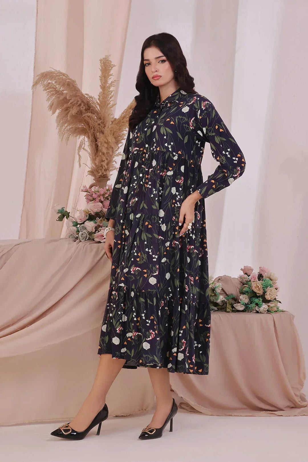 Ochre Women RTW Boski Linen 1 Piece Suit Navy Blue Boski Linen Printed Dress - Festive Collection