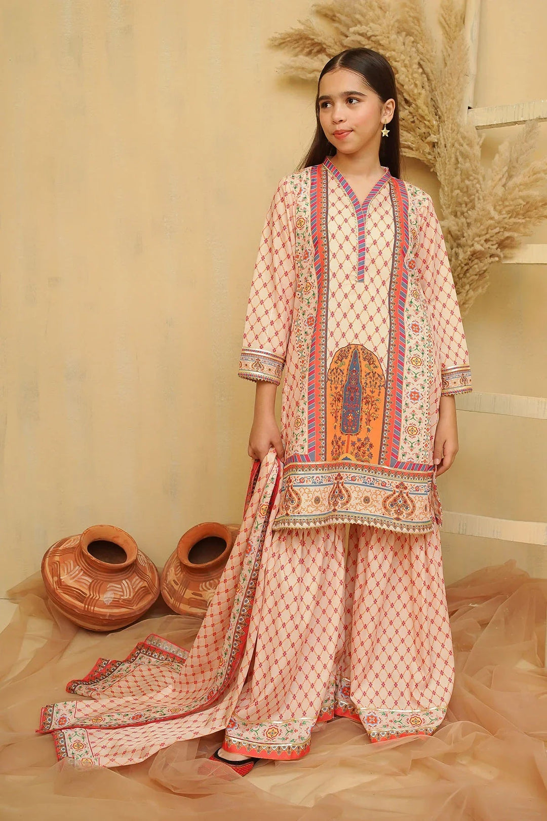 Ochre Girls Pret Printed Swiss Lawn 3 Piece Suit CORF-05 - Summer Collection