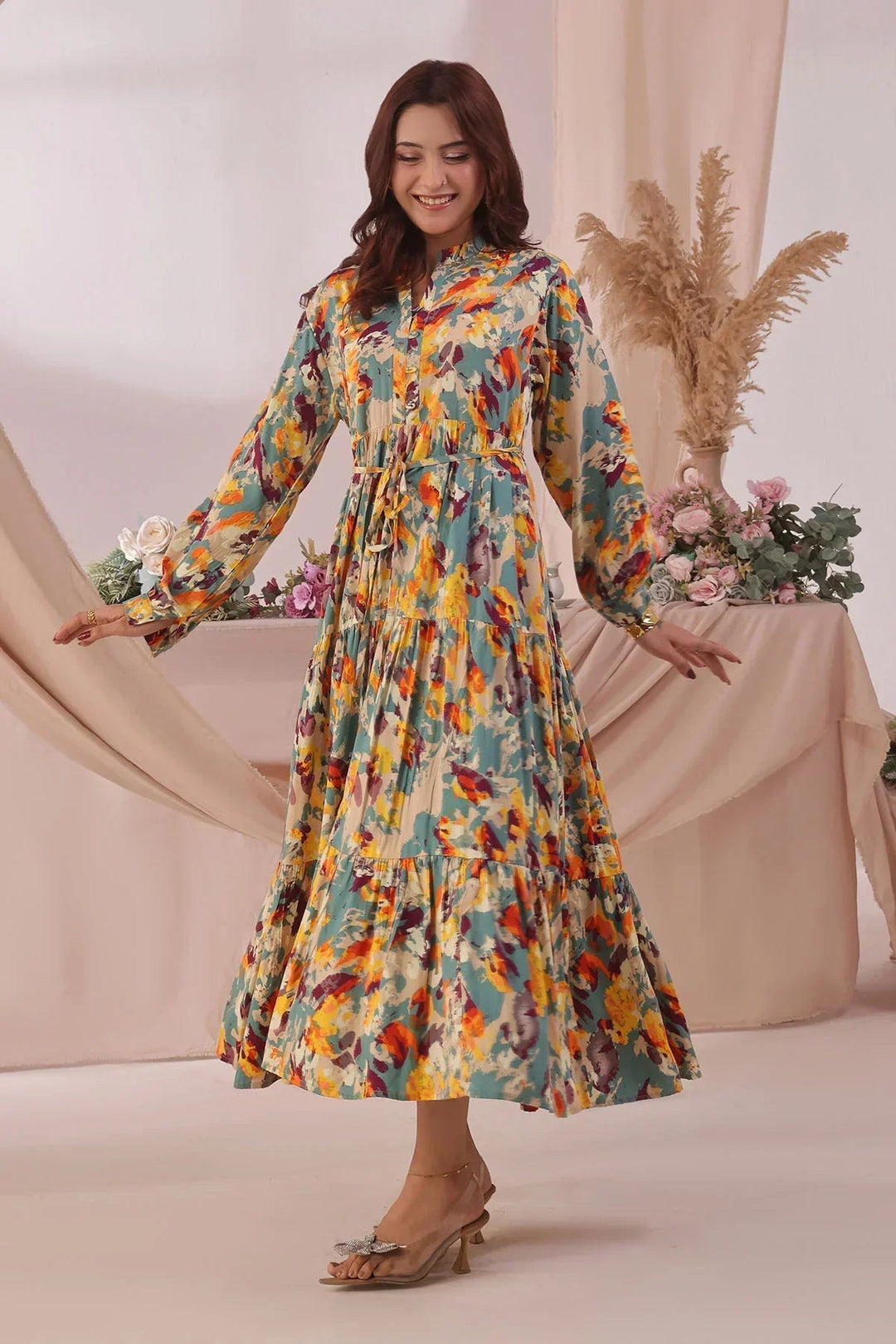 Ochre Women RTW Boski Linen 1 Piece Suit Blue Yellow Boski Linen Printed Dress - Festive Collection