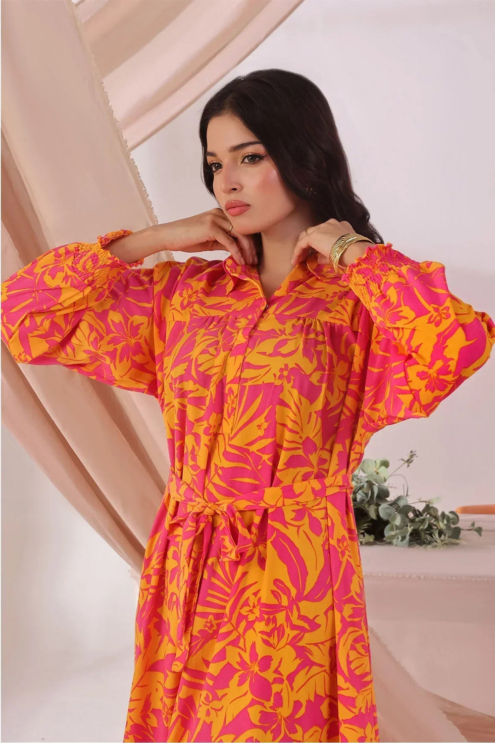 Ochre Women RTW Georgette 1 Piece Suit Hot Pink Georgette Long Printed Dress - Festive Collection