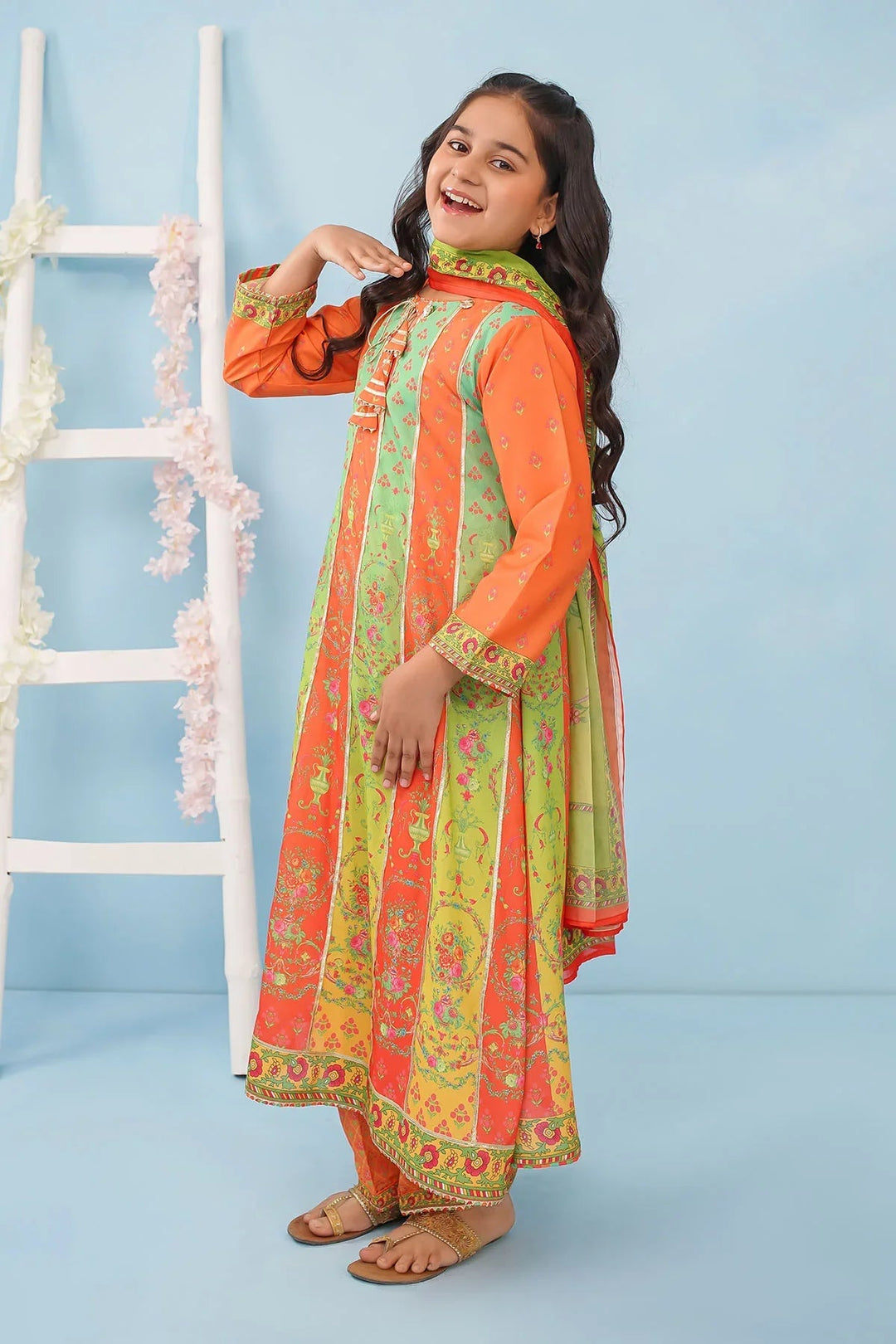 Ochre Girls RTW Poly 3 Piece Suit Orange Poly Lawn Digital Printed Maxi with Gota Laces - Festive Collection