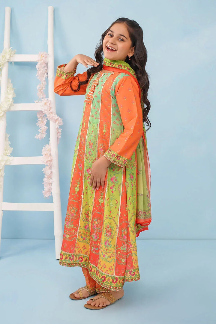 Ochre Girls RTW Poly 3 Piece Suit Orange Poly Lawn Digital Printed Maxi with Gota Laces - Festive Collection