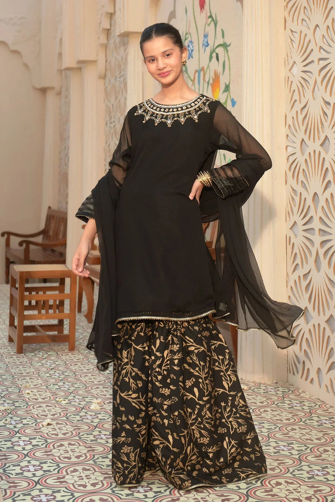 Ochre RTW Embroidered Girls 3 Piece Chiffon Hand Adda Work AC-71 - Summer Collection