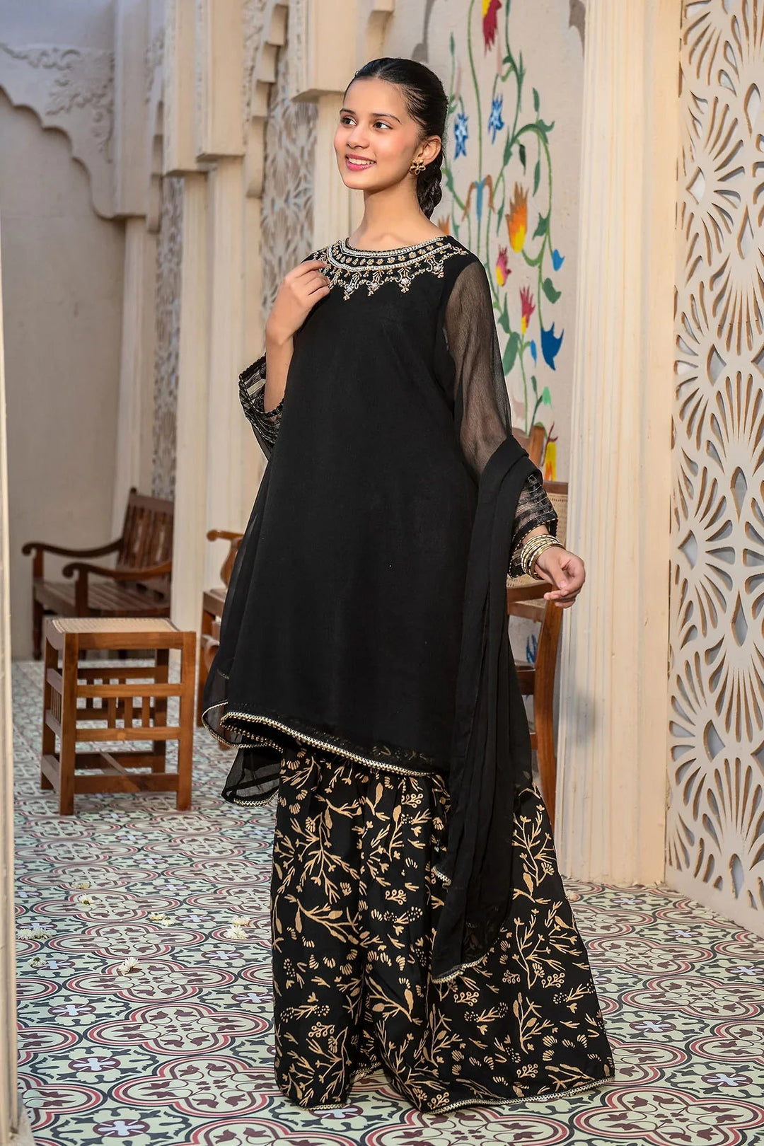 Ochre RTW Embroidered Girls 3 Piece Chiffon Hand Adda Work AC-71 - Summer Collection