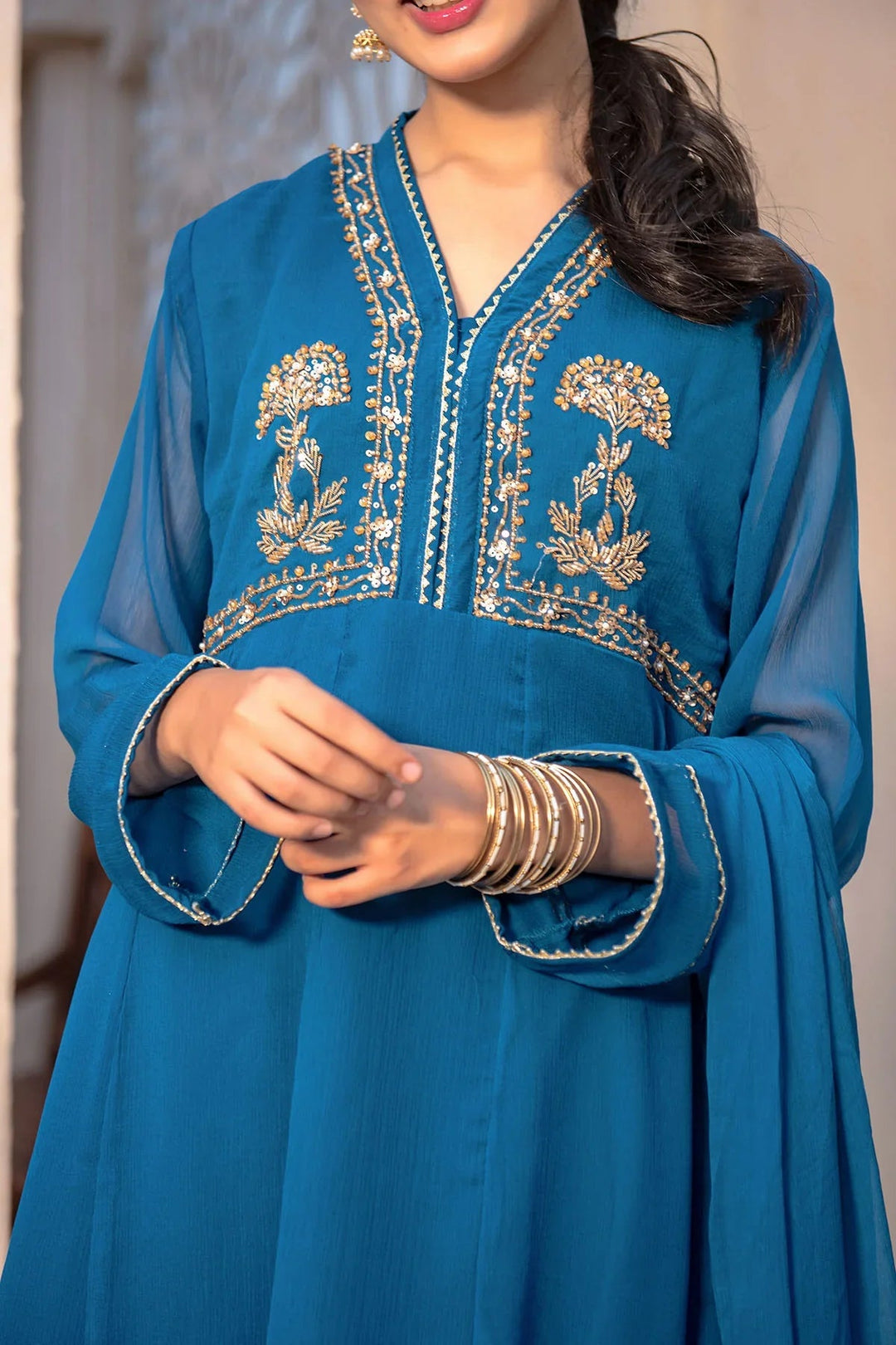 Ochre Girls Pret  Chiffon Hand Adda Work 3 Piece Suit AC-70 - Summer Collection