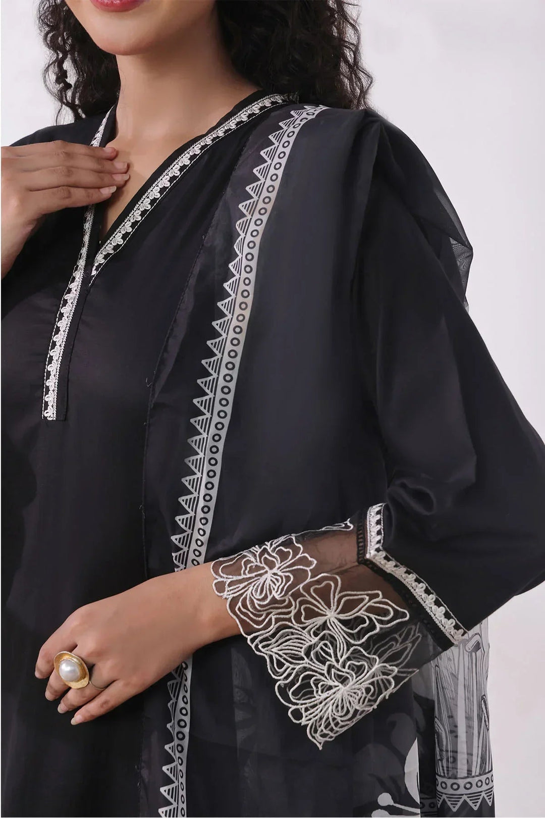 Ochre Women RTW Cotton 3 Piece Suit Black Cotton Embroidered - Festive Collection