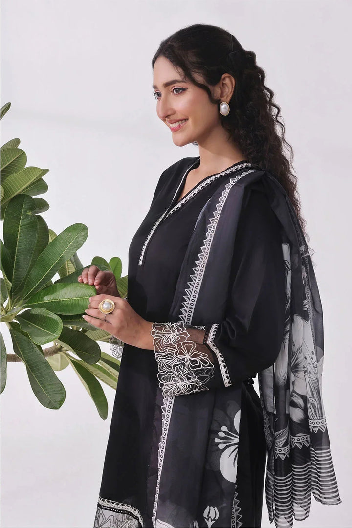 Ochre Women RTW Cotton 3 Piece Suit Black Cotton Embroidered - Festive Collection