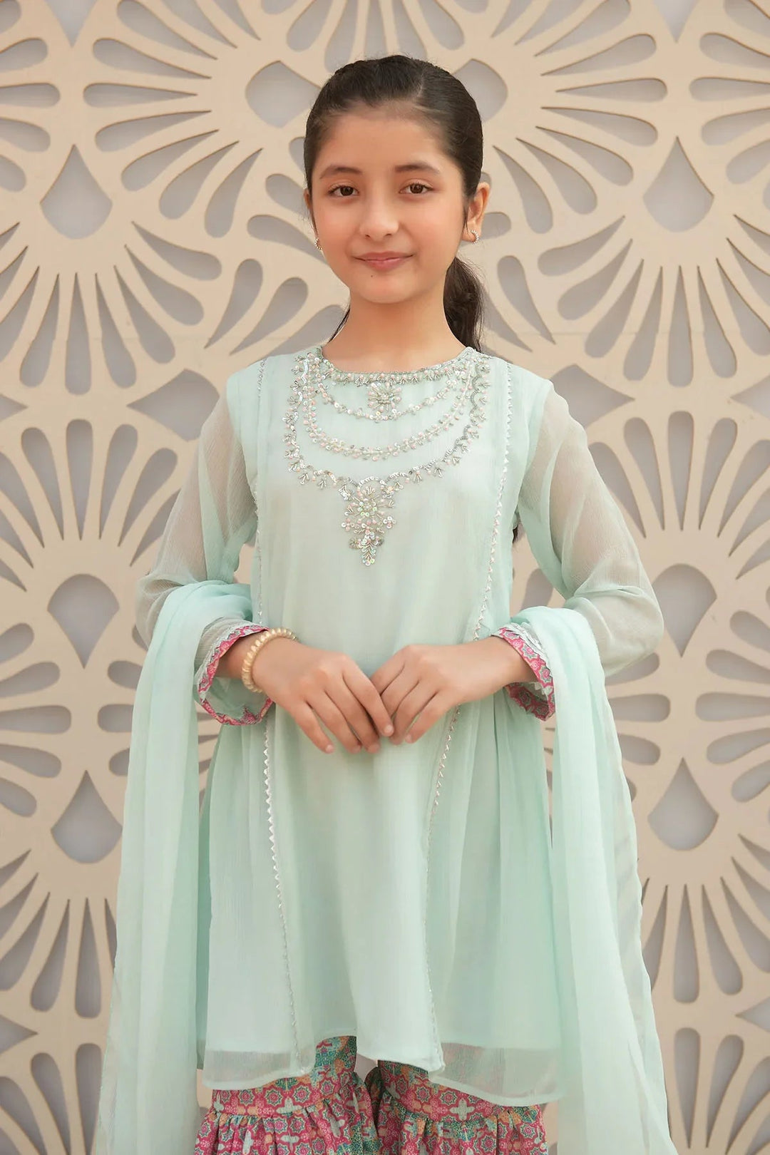 Ochre Girls Pret Embroidered Chiffon Hand Adda Work 3 Piece Suit AC-67 - Summer Collection