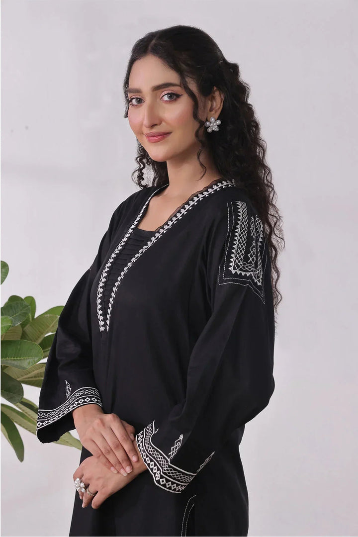 Ochre Women RTW Cotton 2 Piece Suit Black Cotton Kurta Embroidered - Festive Collection