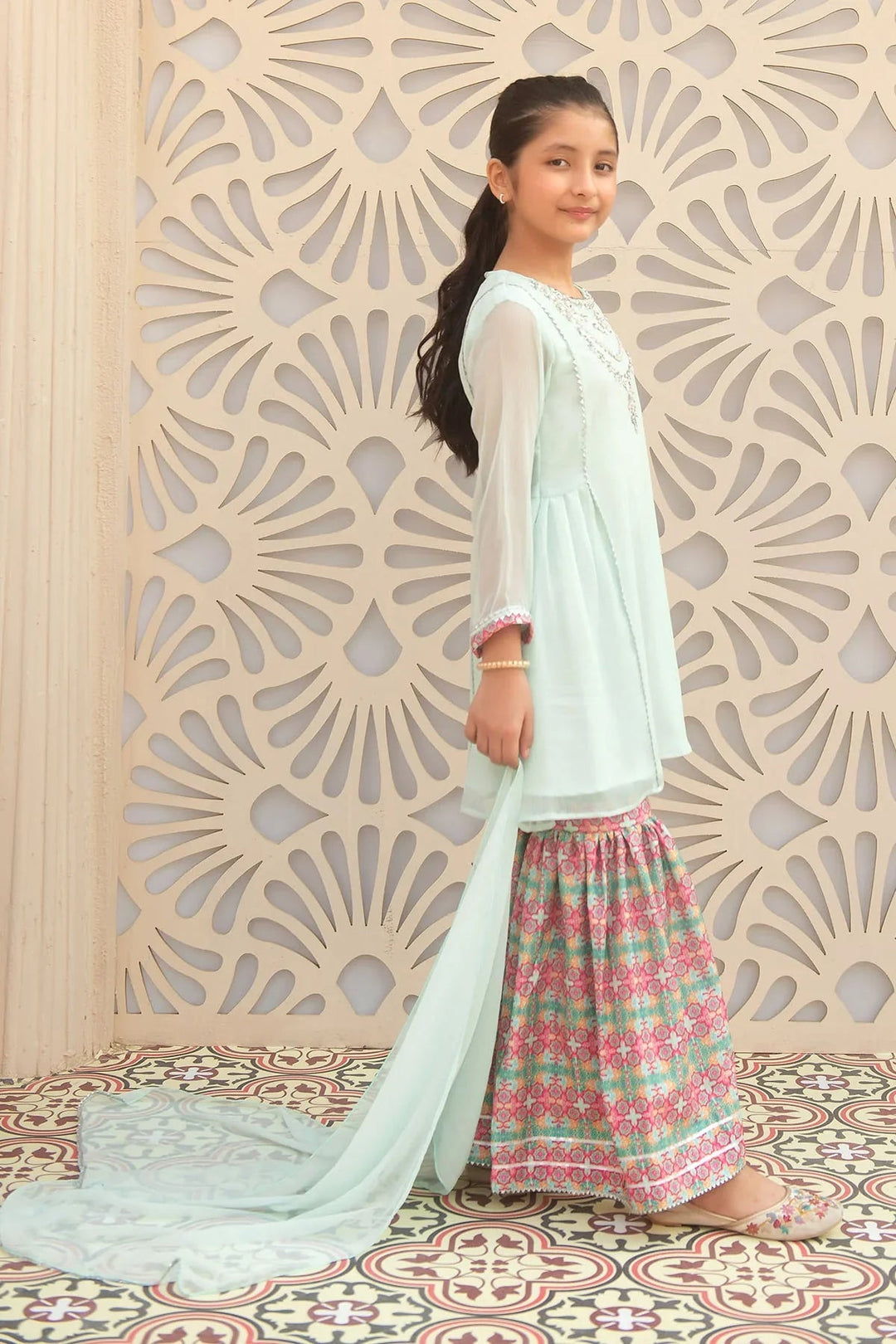 Ochre Girls Pret Embroidered Chiffon Hand Adda Work 3 Piece Suit AC-67 - Summer Collection