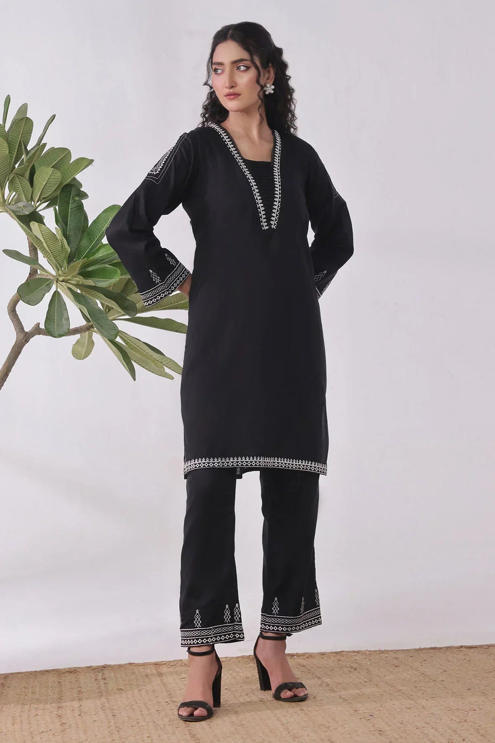 Ochre Women RTW Cotton 2 Piece Suit Black Cotton Kurta Embroidered - Festive Collection
