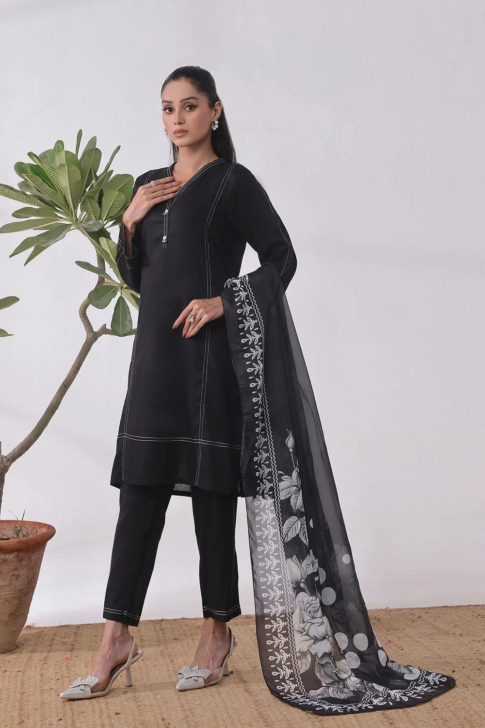 Ochre Women RTW Cotton 3 Piece Suit Black Cotton Kurta Embellished - Festive Collection