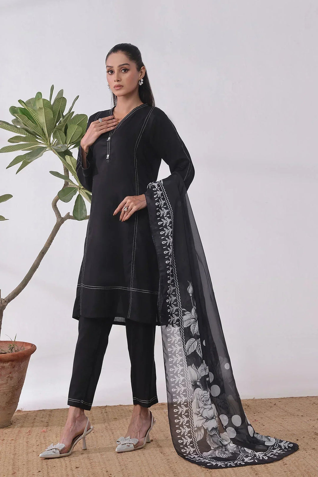 Ochre Women RTW Cotton 3 Piece Suit Black Cotton Kurta Embellished - Festive Collection